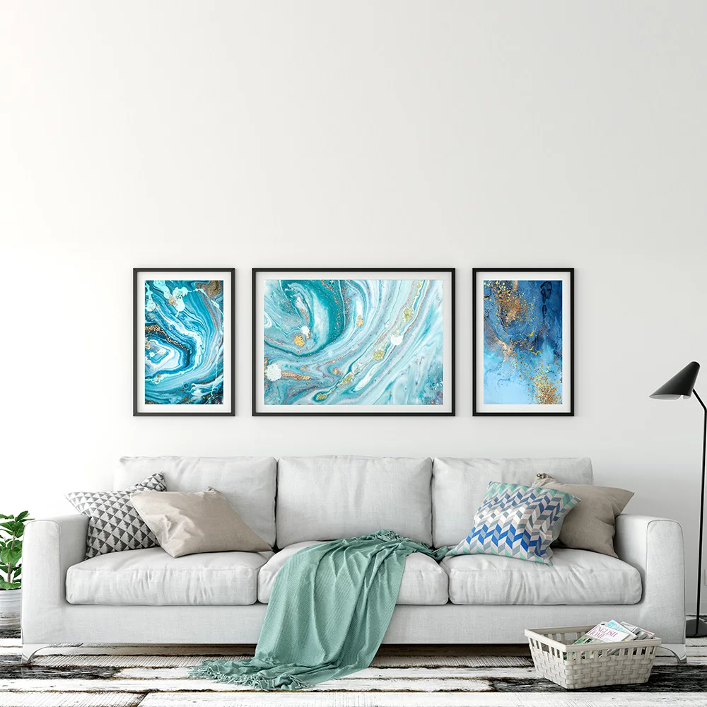 Luxury Home Decor Glass Framed Blue Color Abstract Canvas Wall Art