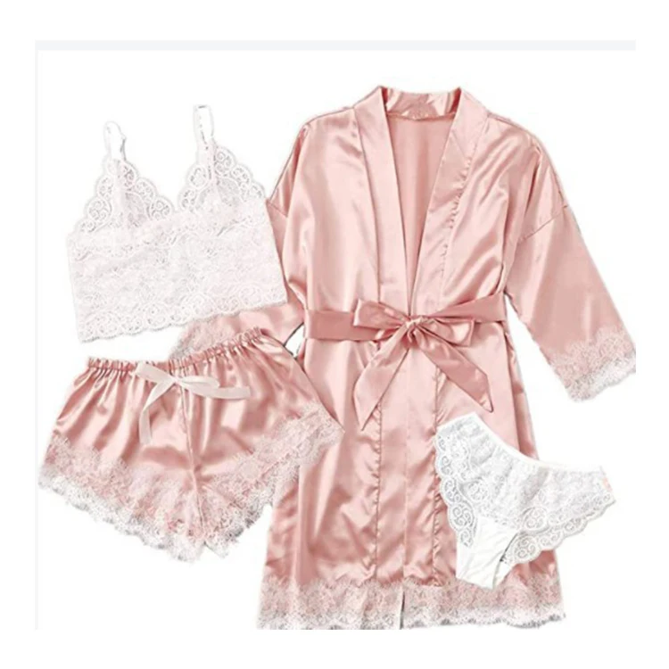 Women sexy lingerie sexy lace bathrobe pajamas set female four-piece large size wholesale underwear set