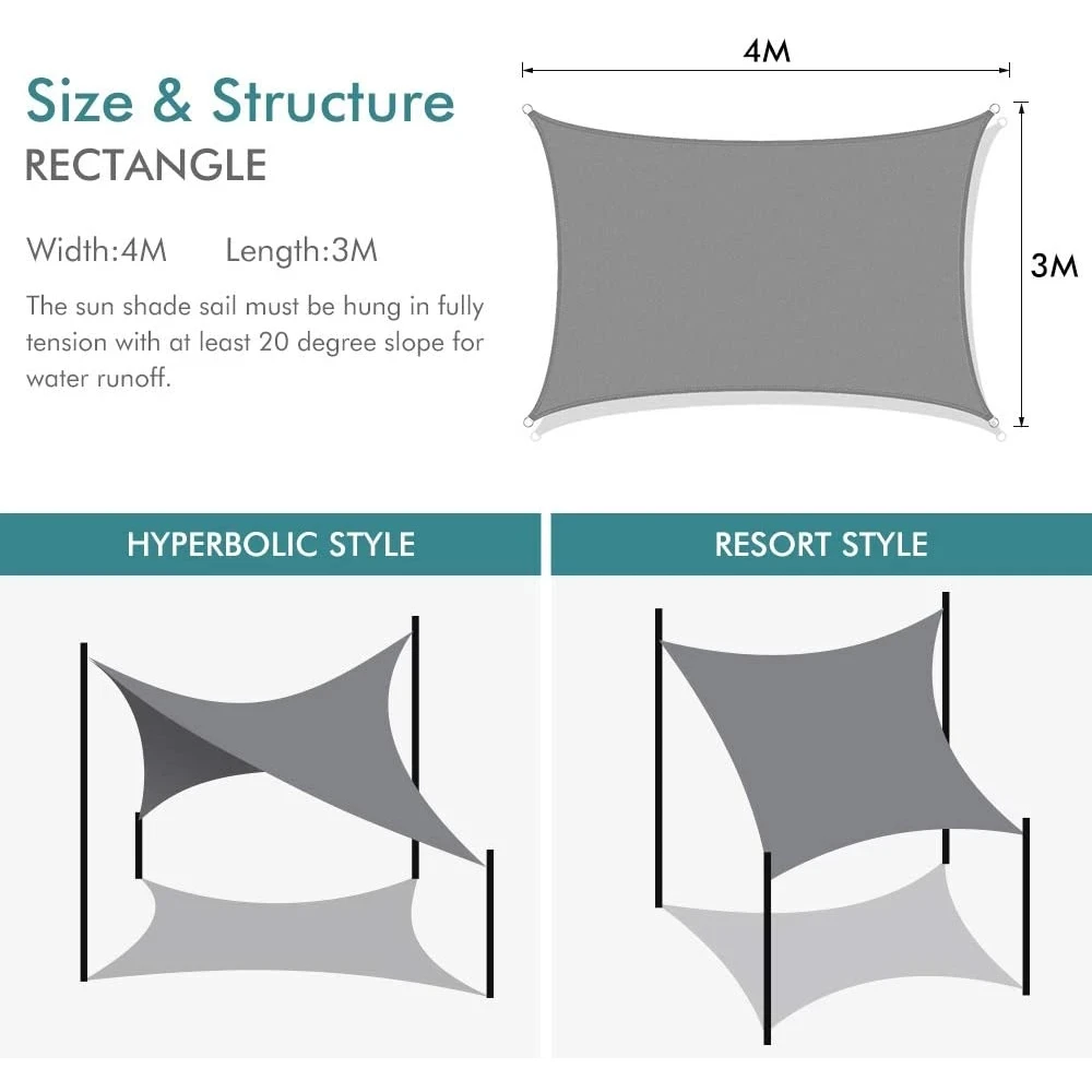 Patio Garden Terrace Awning Canopy 95% UV Block With Free Rope  Sun Shade Sail Rectangle Waterproof Outdoor Shade Sail