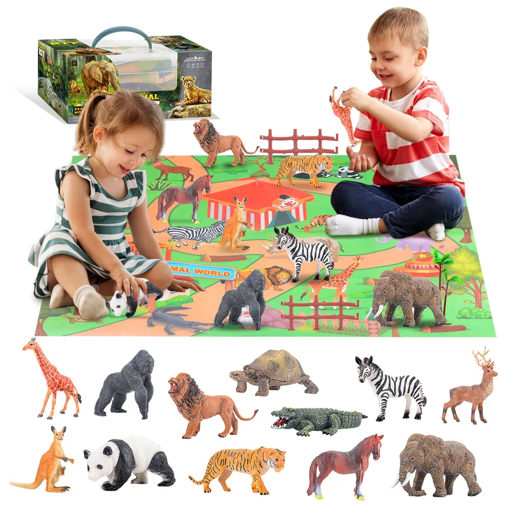 Realistic animal models PVC animal models and tree stone fence map sets equipped with storage boxes plastic toys for children