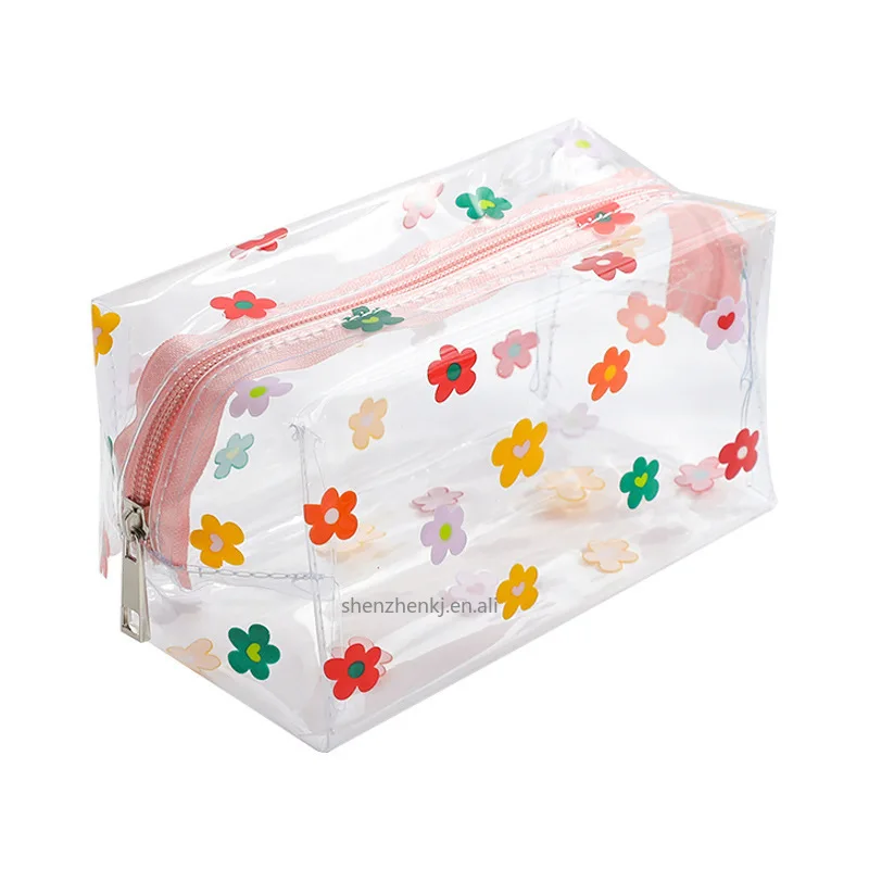 Large Capacity Portable Floral Transparent Pencil Bag Pencil Case Stationery Box