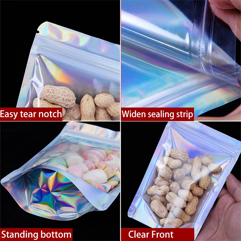 Mylar Bags Aluminum Foil Zipper Holographic Stand Up Pouch Mylar Bags With Window