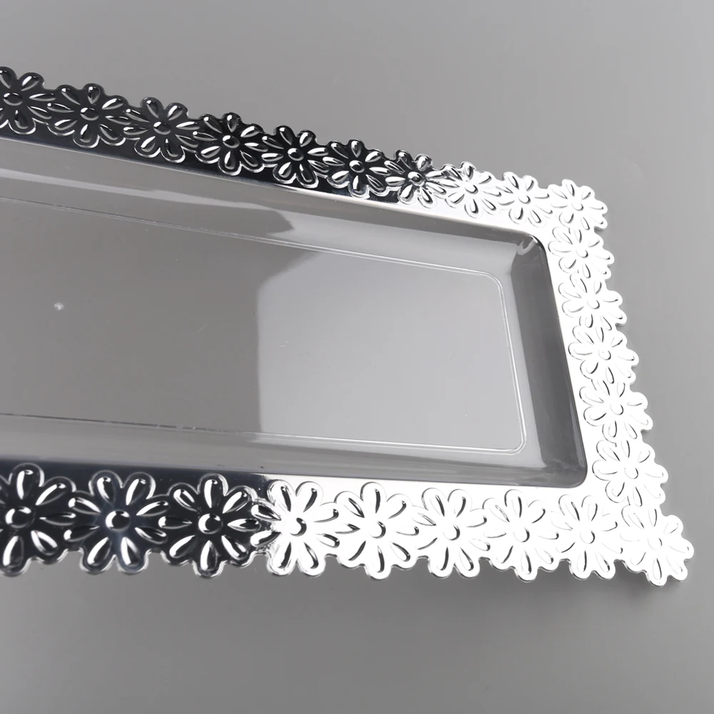 New design flower food silver border plated wholesale cheap small disposable long plastic tray