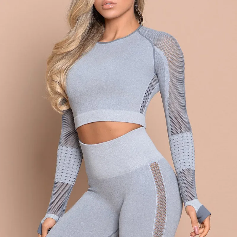 Hot Sale 2 Pieces Set Fitness Running Long Sleeve Top High Waist Yoga Legging Sports Wear For Women