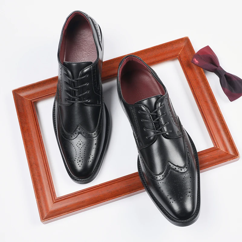 British style with Brock carved leather 6cm height increasing shoes for men lace up oxford  business dress shoes elevator