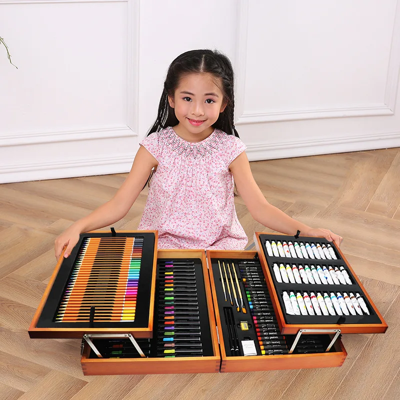 174 Pcs Double Layer Wood Box Packing Gift Set Drawing Painting Colorful Pencil Watercolor Pen Marker Pen Art Set