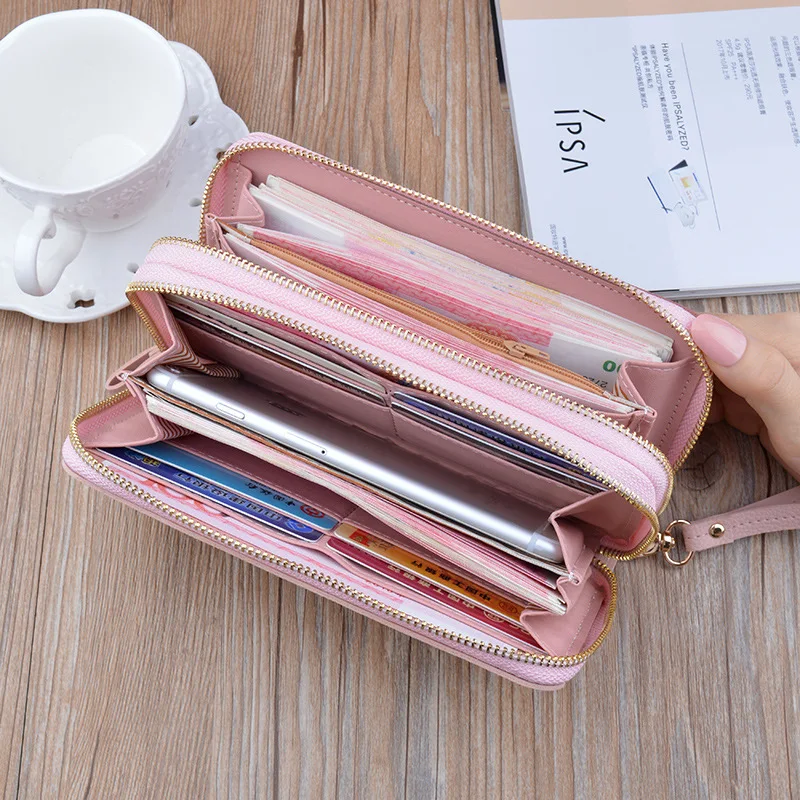 2021 PU girls Korean style cute colorful double zipper long cash wallet coin purses card holder zipper handbag for women