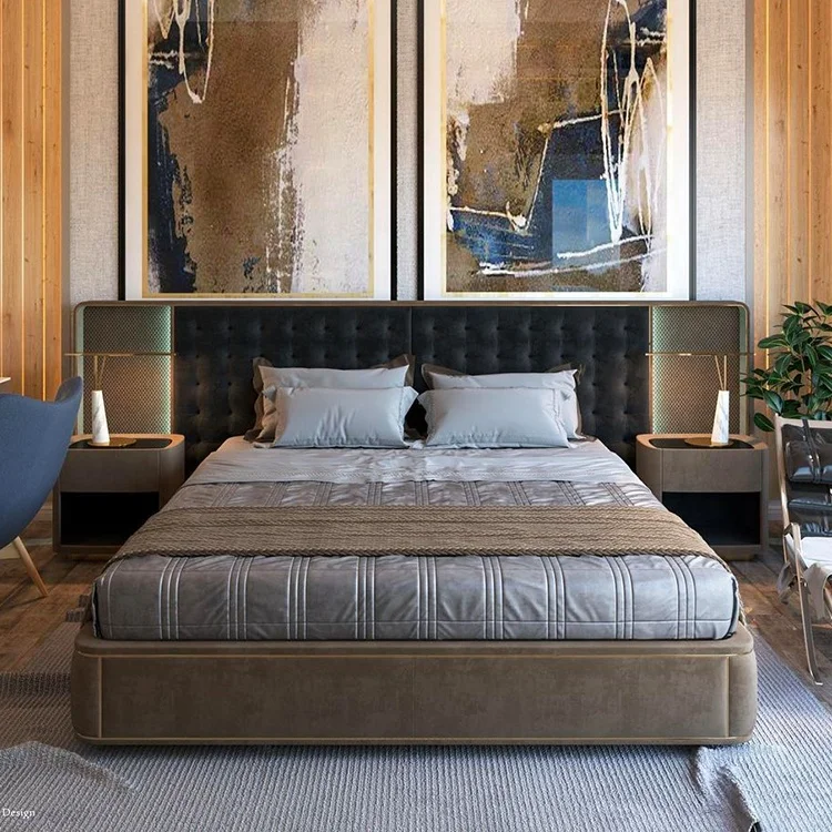 Wholesale full set single twin queen king size bedroom furniture linen fabric bed for Modern 5 star hotel