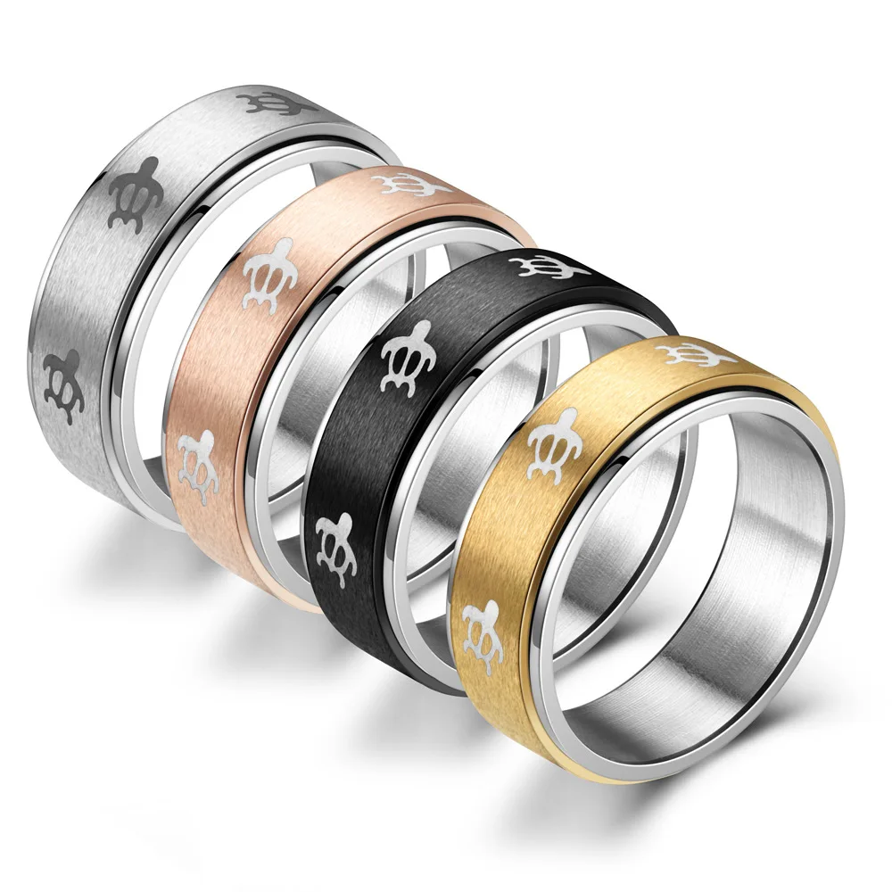 Duyizhao New Design Brushed 8mm Stainless Steel Fidget Rings Women Spinner Rings Laser Engraving Turtle Mens Sensory Anxiety Rin