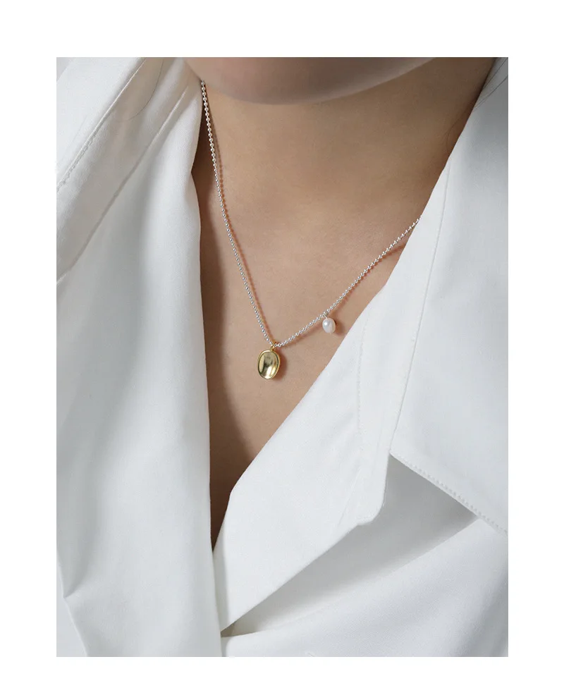 VIANRLA gold oval disc pendant necklace 925 sterling silver beaded chain necklace with freshwater pearl