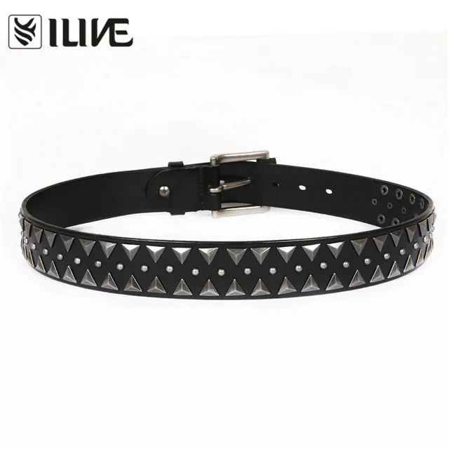 2020 new triangle rivet head layer cowhide belt 3.8 width men and women type black cowboy belt wholesale manufacturers