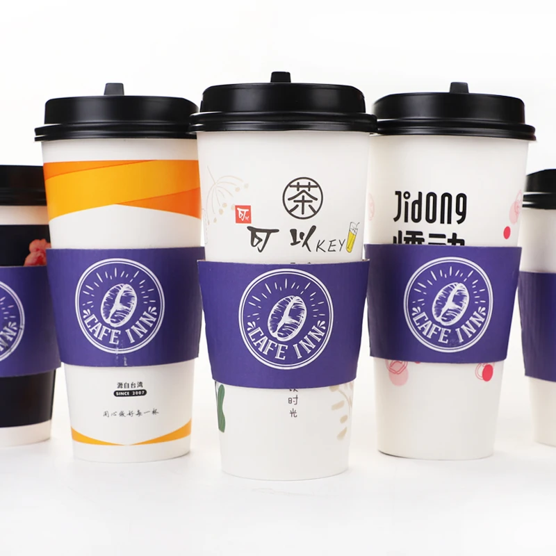 Дешевые одноразовые бумажные чашки с принтом на заказ с крышкой и рукавом кофейные чашки с пользовательским логотипом