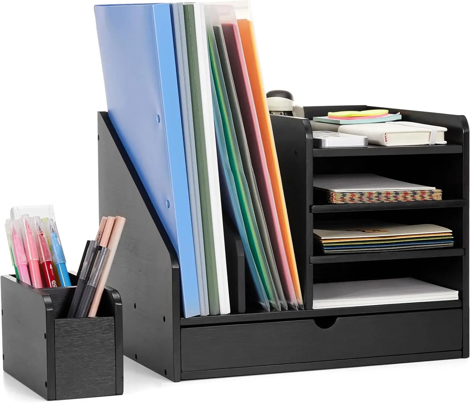 Wooden Desktop Letter Paper Tray Storage Bamboo Desk Organizers with File Holder and Drawer for Office Home School