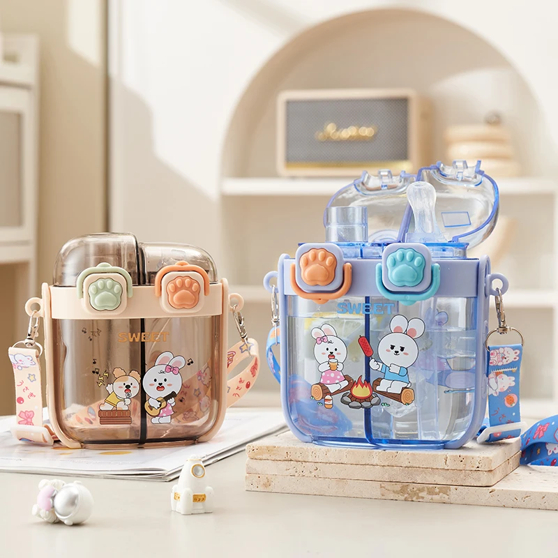 New Double Warehouse 500 ml Cute Kids Plastic Double Drink Water Bottle with Double Compartment