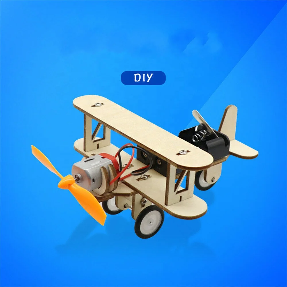 DIY Electric Wooden plane Taxiing Model Toys Dual Motor Biplane for Children Small Inventions Scientific Experiments Gift kids