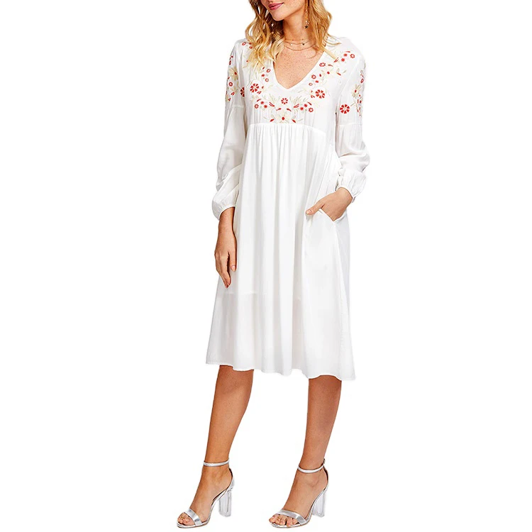 Wholesale Good Quality White Embroidered Chiffon Maternity Long  Dress