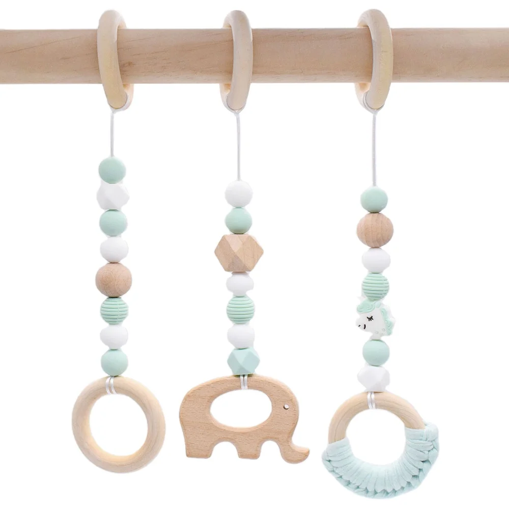 Wooden Silicone Baby Play Gym Crib Toy Wooden Animal Teething Hanging Toys Gender Neutral Baby Activity Set Newborn Shower Gift