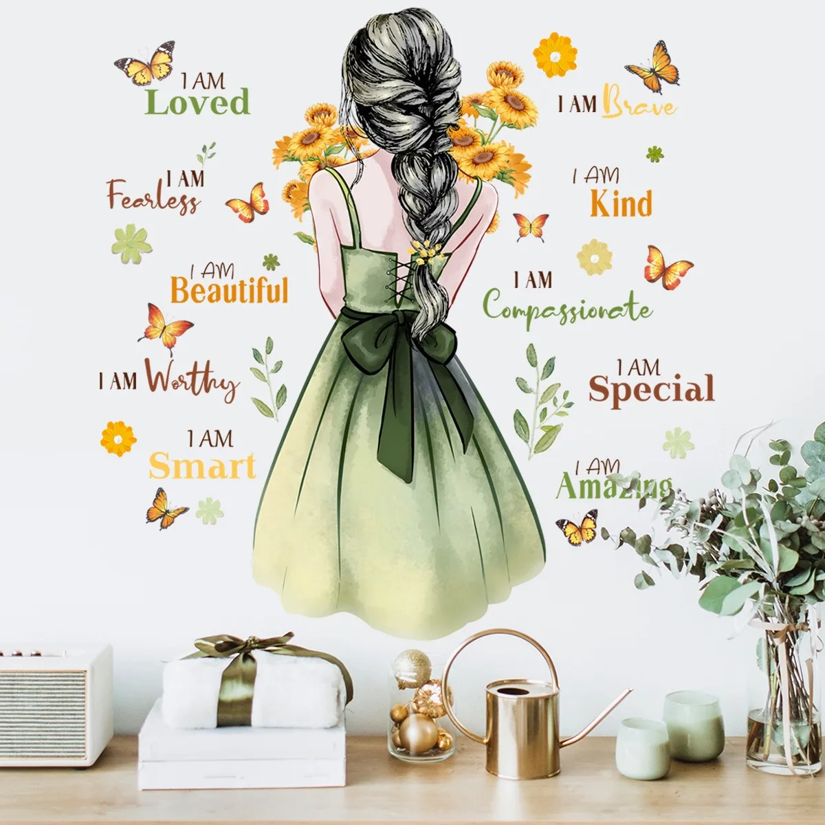 Beautiful Girl Back Pink Dress Wall Stickers Queen Crown Wallpaper Stars and Dots Sticker Home Decor for Living Room Wall Decal