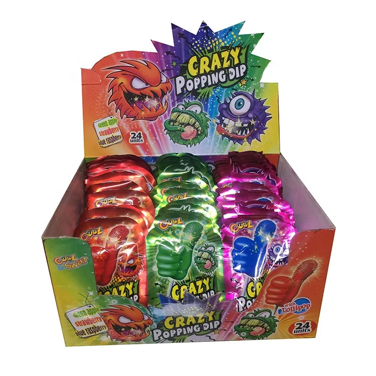 Wholesale 3-PCS OEM Halal Fruit Flavor Thumb Shape Magic Popping candy with lollipop on display box