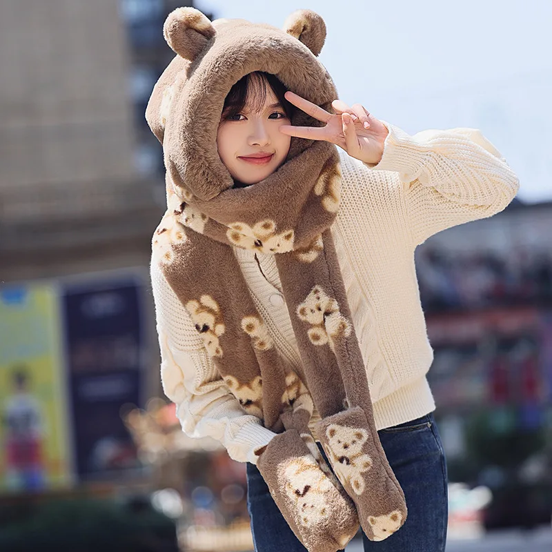 Warm Soft Scarf Snood Pocket Hats Hooded Funny Plush Hat For Women