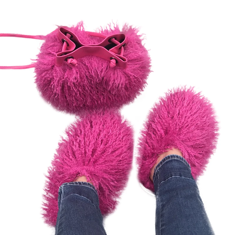 Wholesale Shoes And Bag Set Plush Fashion Fur Slipper Set Fur Slippers For Women Faux Fur Slide For Women