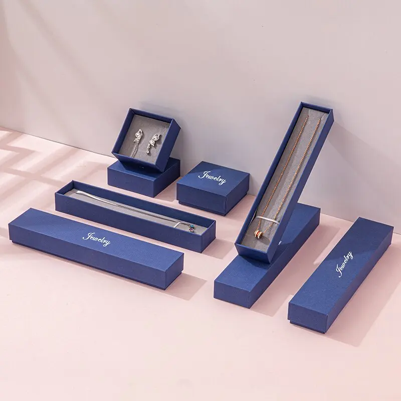 fashion custom logo special blue paper cover strong cardboard foam velvet ring earring necklace pendant bracelet jewelry box