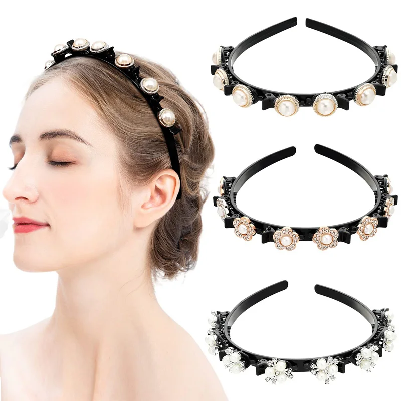 Korean Rhinestone Fashion Headbands Double Bangs Hairstyle Hairpin Headbands Hair Hoop With Clips for Women Girls