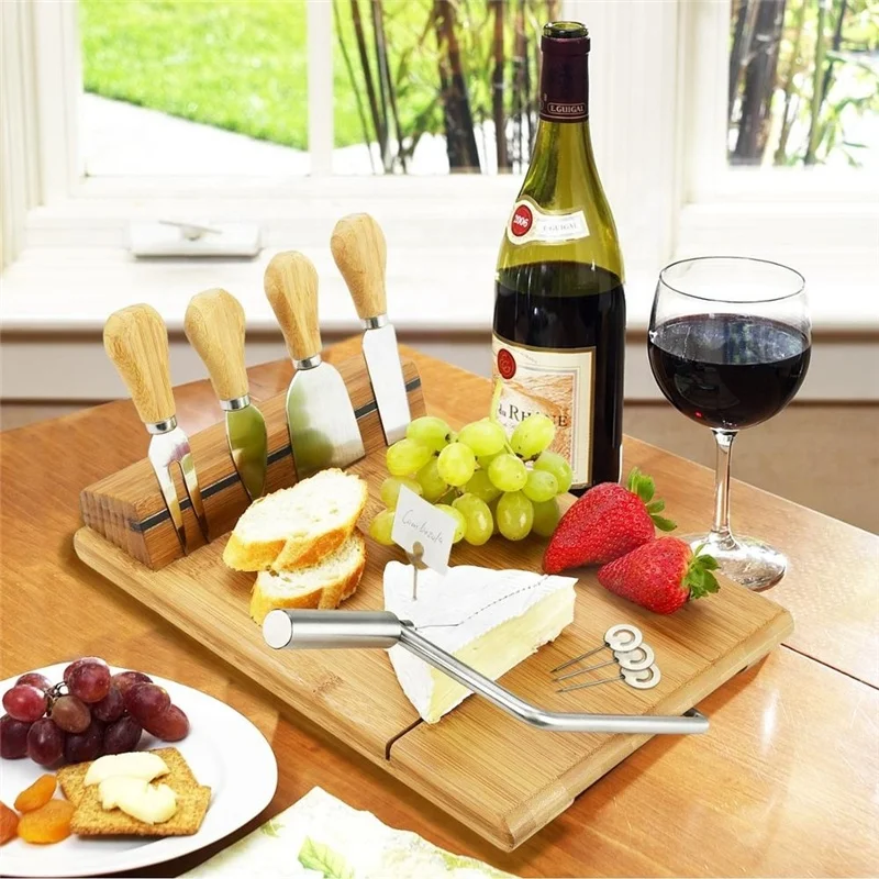 Bamboo Cheese Board Set with Wire Cheese Slicer and 4 Piece Stainless Steel Cheese Knife