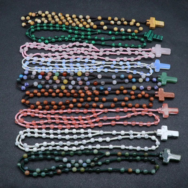 Christian Knot Mala Beads Meditation Yoga Natural Stone Beaded Crystal Gemstone Cross Pendant Mala Rosary Necklace Men Women