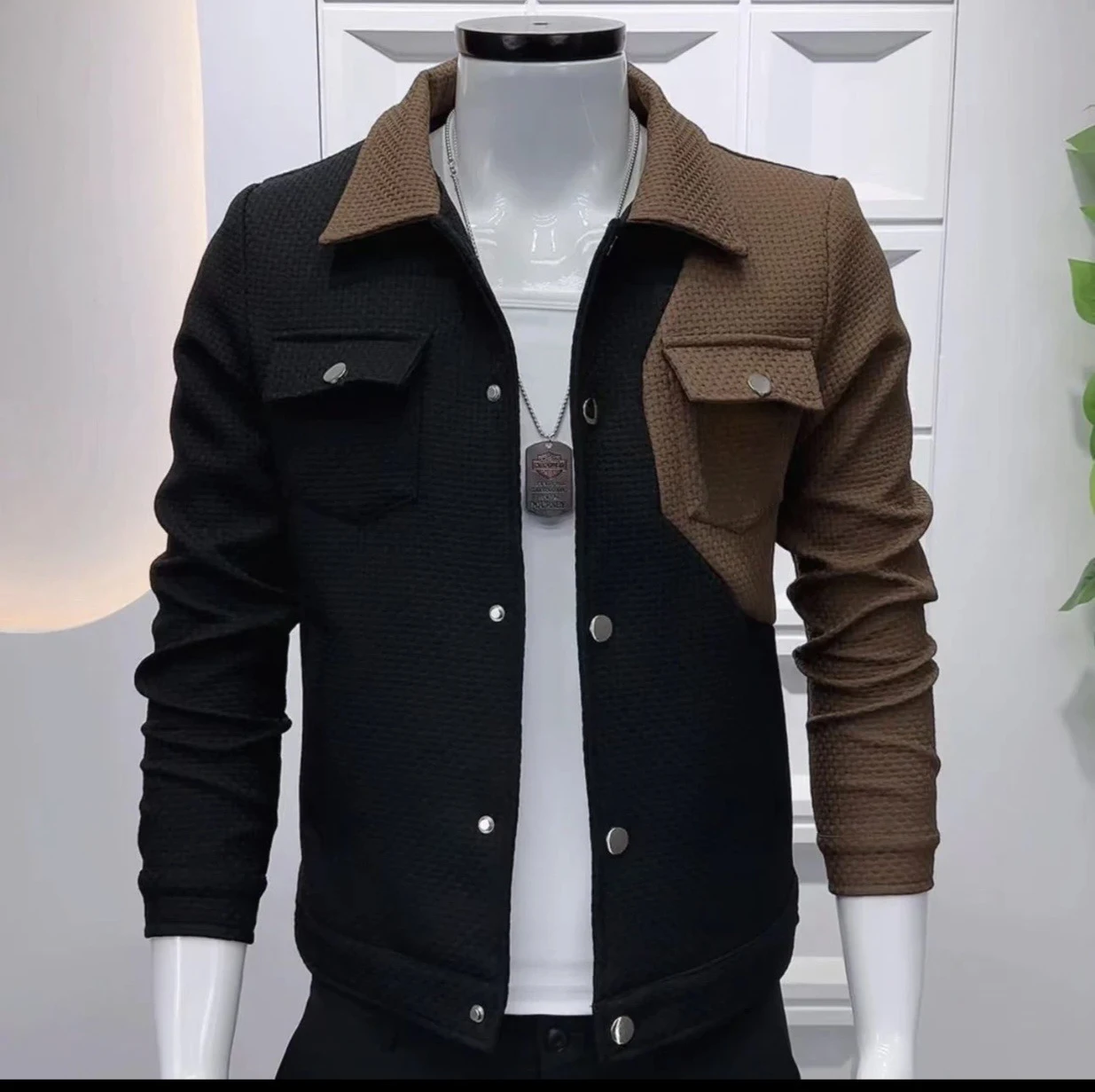 Autumn high quality thick two-tone stitching custom Overshirt fashion style fleece waffle jacket