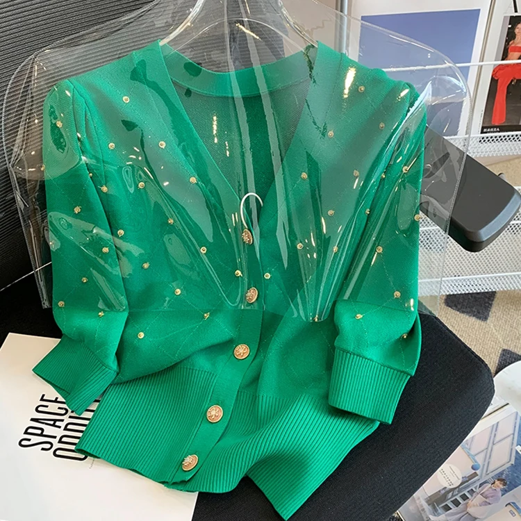 Custom V Neck Ladies Knitwear Summer Cotton Casual Short Sleeve Tops Beaded Design Pearl Button Anti-pilling Sweater