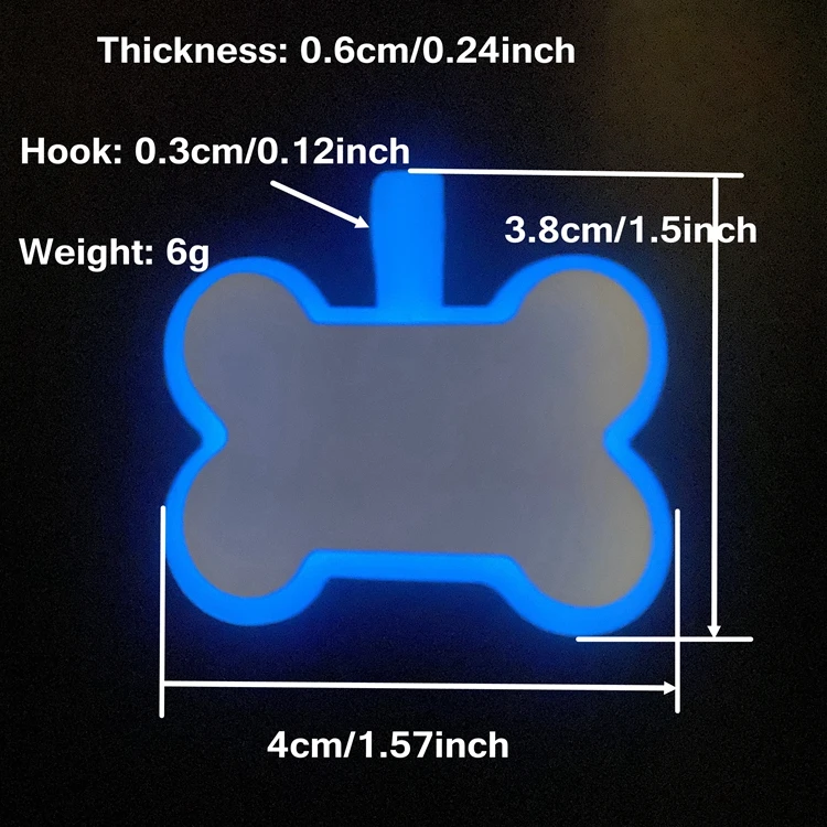 custom logo free sample glow in the dark fluorescent blue bone shape silicone pet tag for double-sided printed engraved