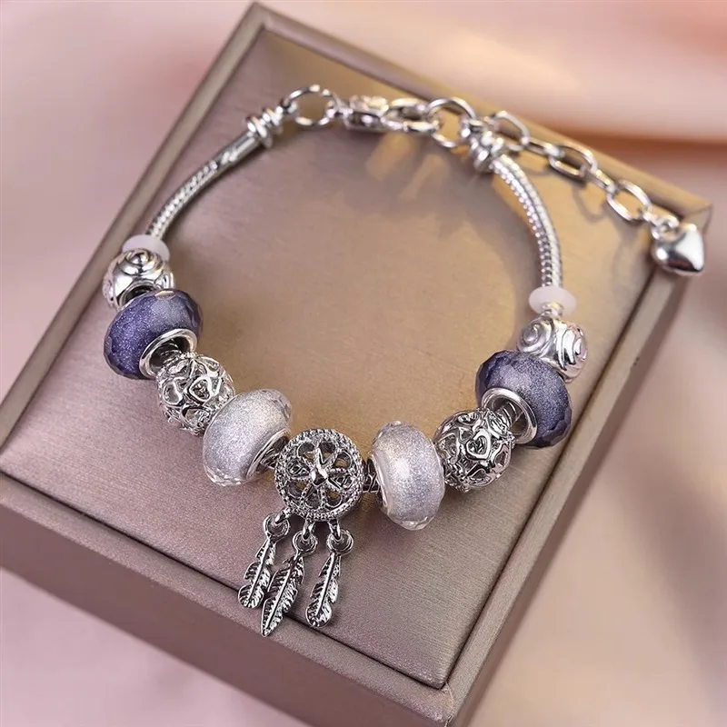 Fashion Dream Catcher Diamond Flower Love Dreamcatcher Charm Ladies Snake Chain Bracelet Bangle for Women Pulsera de mujer