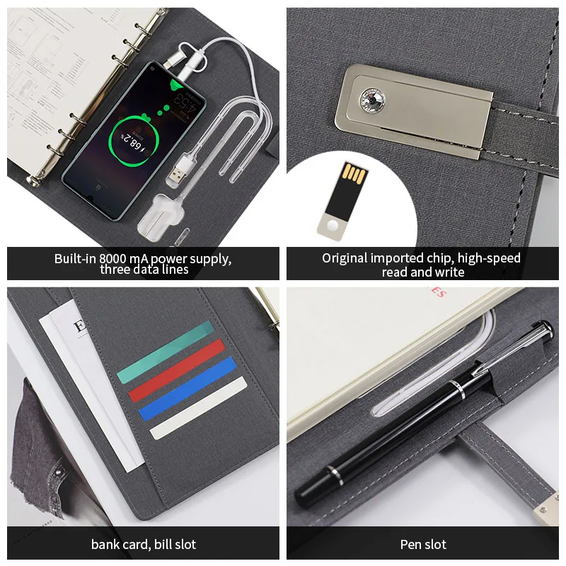 Pockets Leather A5 Binder with 8000mah Power Bank Diary Power bank Notebook Planner built-in wireless charging and 16g usb flash