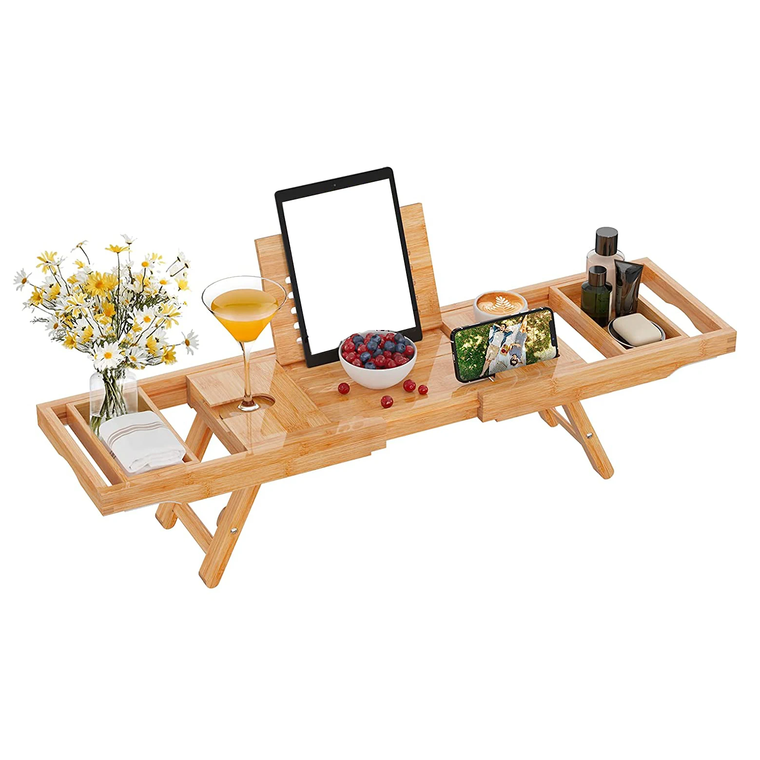 Bamboo Bathtub Caddy Expandable Waterproof Bathtub Tray with Glass Holder & Towel Holder