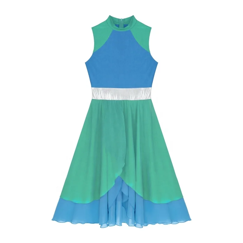 Newest Womens Color Block Mock Neck Split Asymmetrical Hem Dancewear Dresses Sleeveless Dance Dress