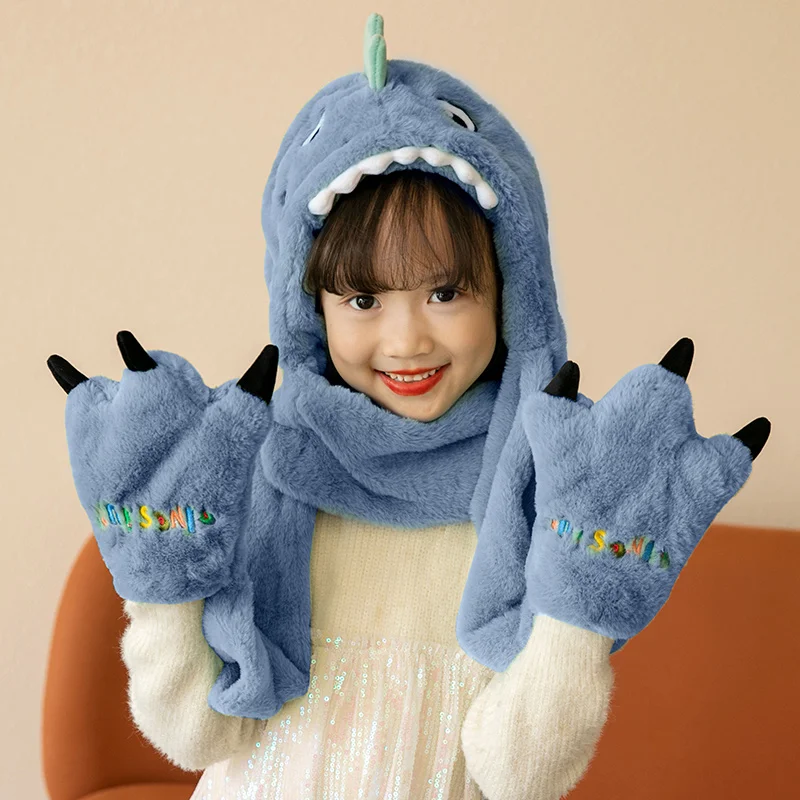 Cute animal thermal children hoodie beanie warm fur hat winter kids hat scarf and gloves set