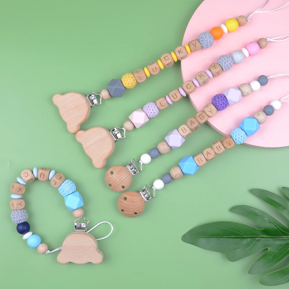 Food grade Chewable Soft Baby Plush Wooden Beads Pacifier Holder silicone pacifier chain