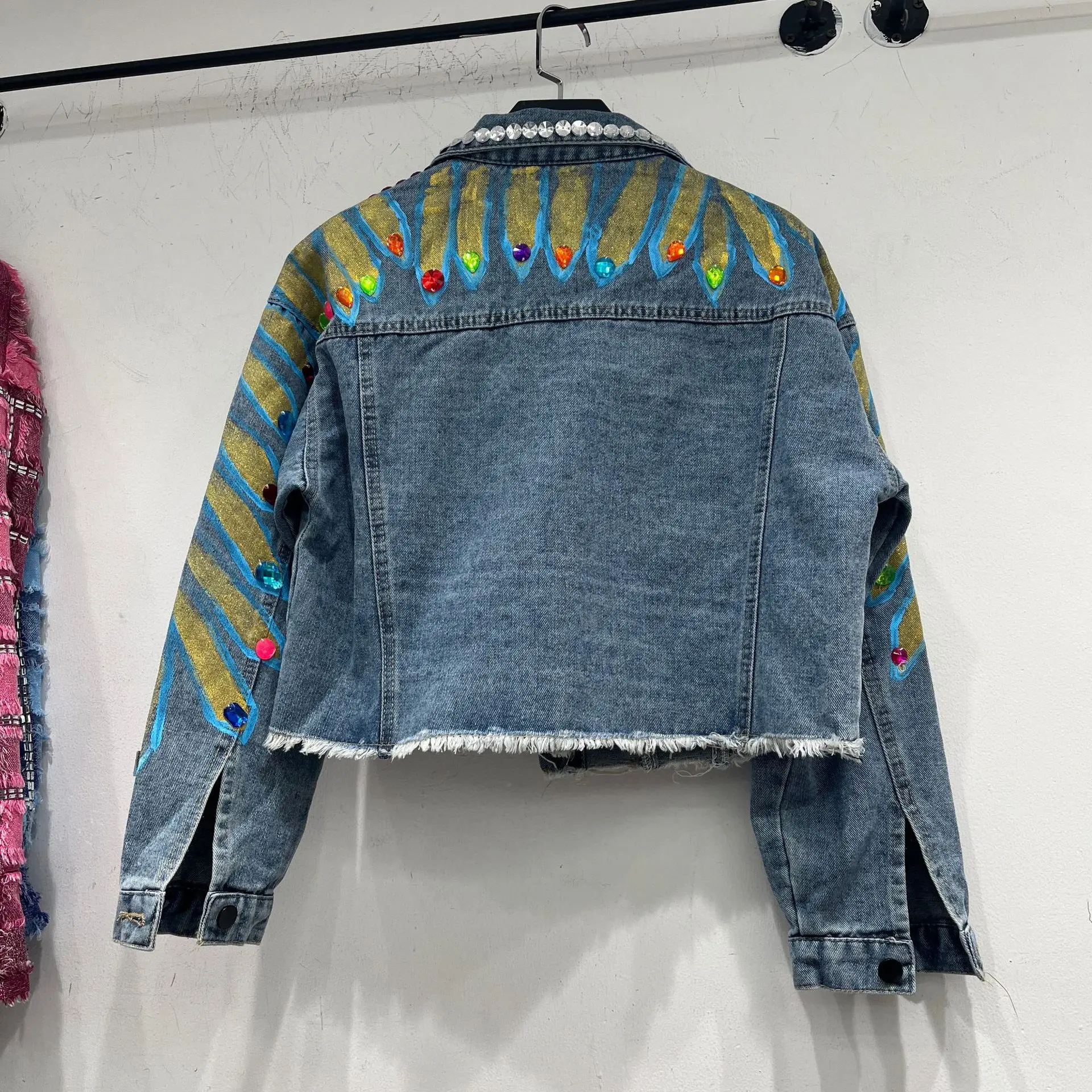 Spring style women denim jacket short pattern fashion jackets with crystals pearl beading denim coat