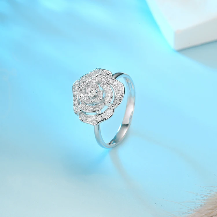 FFT 18k white gold natural diamond jewelry Circle budding flower initial rings