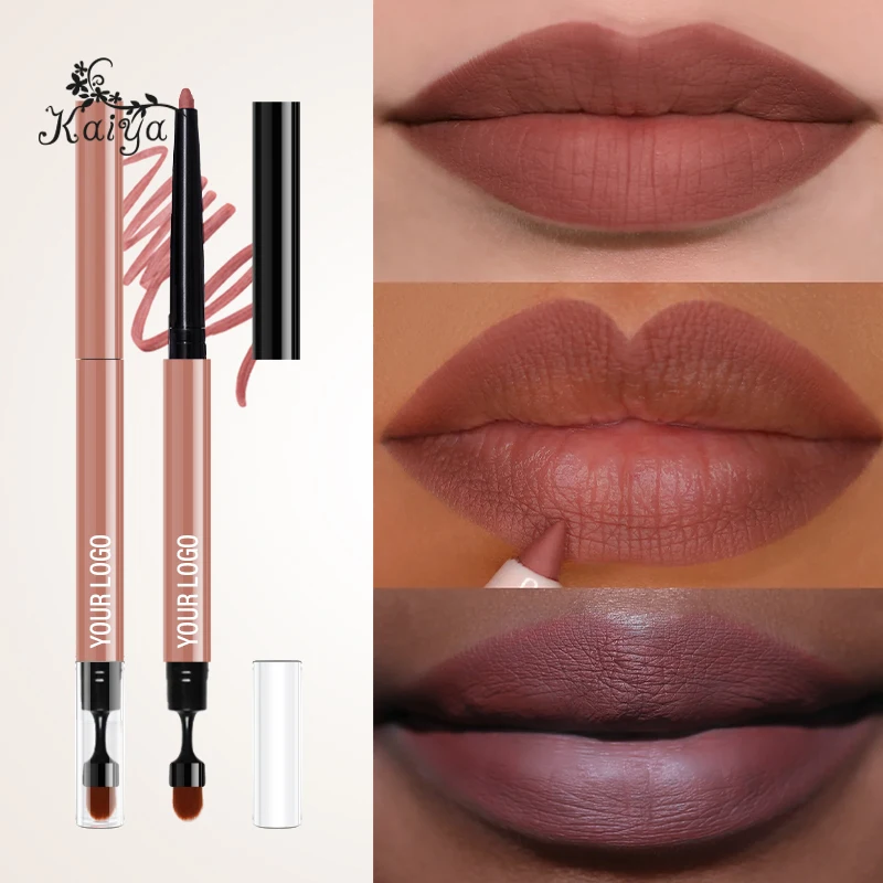 Custom Logo Waterproof Vegan Makeup Matte Retractable Lipliner Pen Soft Blending Brush Dual End Long Lasting Creamy Lip Liner