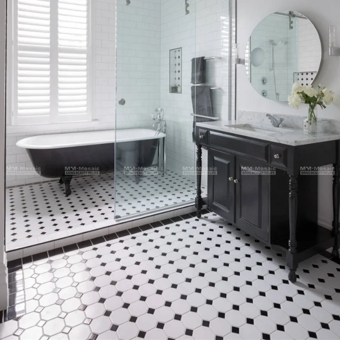 In stock 4' white mix black dot ceramic octagon mosaic floor tile for bathroom office design