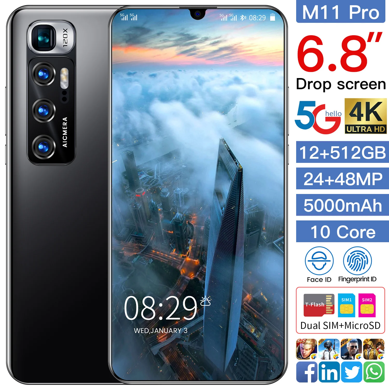 Разблокированный смартфон M11 Pro с функцией распознавания лица и двумя SIM-картами Android 2021 12 Гб + 10 0 ГБ 512 дюйма новинка 6