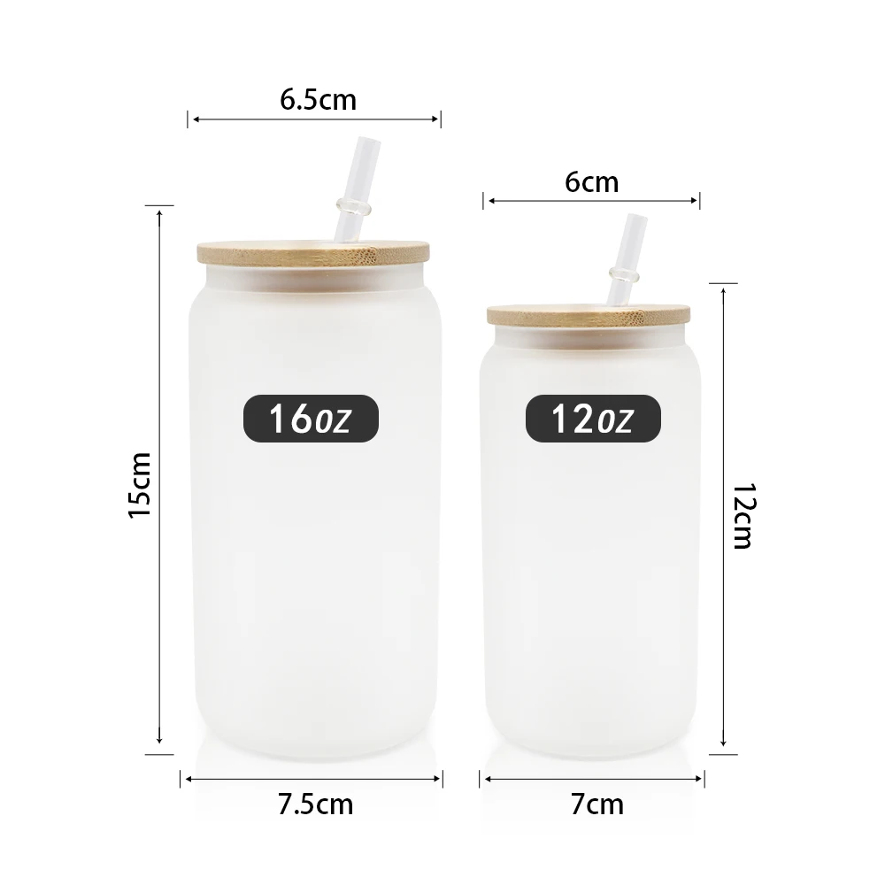 Hot Sale US Warehouse Frosted clear beer can Shaped Soda glass 12oz 16oz with bamboo lid and straw wholesale
