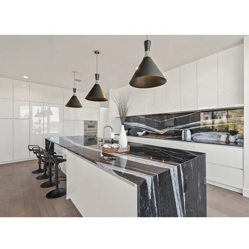 High Gloss Acrylic Kitchen Cupboard Unit Flat Pack Smart Modern I Shape Pearl White Oak Kitchen Cabinet Design