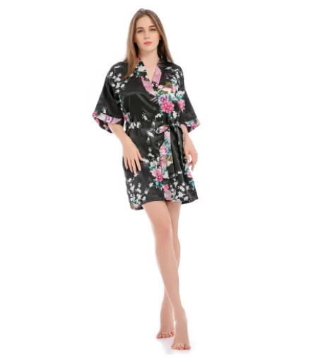 Wholesale ladies peacock short cardigan silk satin robes for luxury women home wear