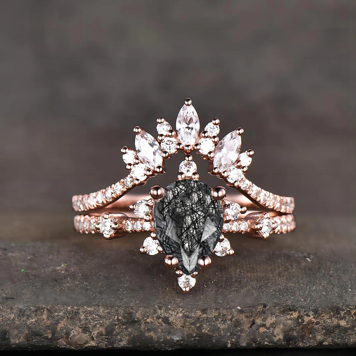 Pear Cut Moss Agate Vintage Engagement Ring Set Sterling Silver Ring With Band