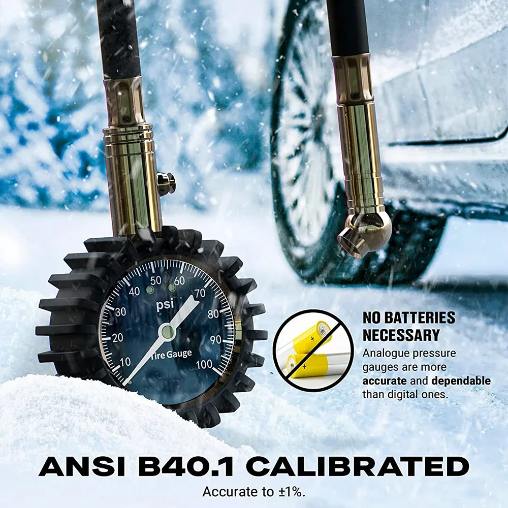 Tyre Pressure Gauge, 100PSI Dial Gauge Meter for Car With Flexible Hose Protective Rubber Guard