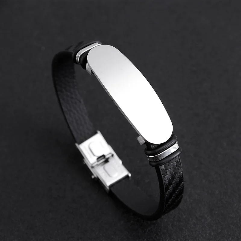 Hot Selling New Fashion Vintage Men Custom Name Logo Laser Letter Leather Stainless Steel Bracelet