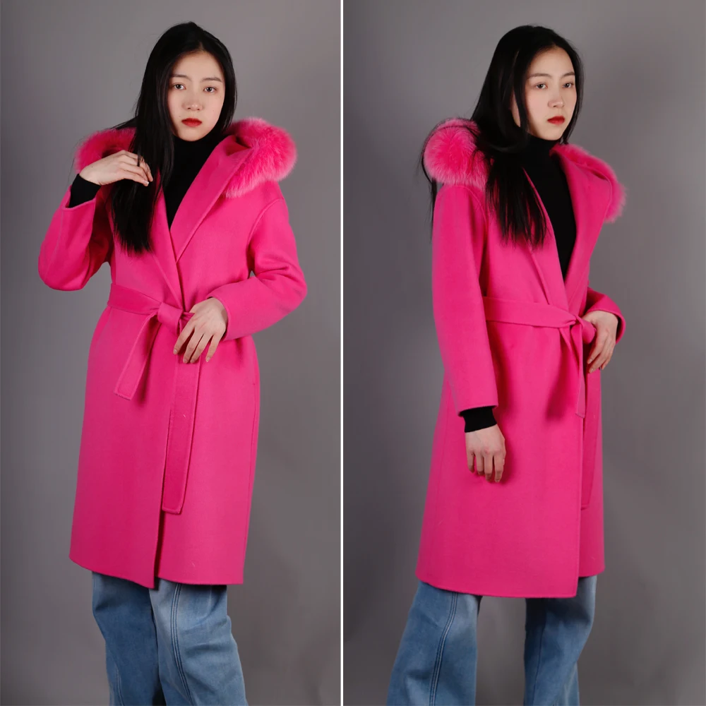 Top Sale Winter Belted Long Coat Big Fur Trimmed Hood Wool Cashmere Blended Long Solid Fur Hoodies Warm Winter Jacket Coats